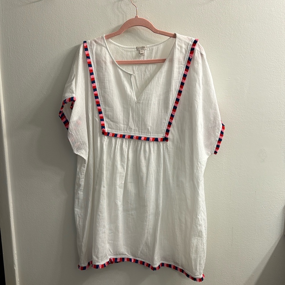 EUC J.Crew Swim Cover Up; size XXL; white w/ pink, red & blue detail;Vneck tunic